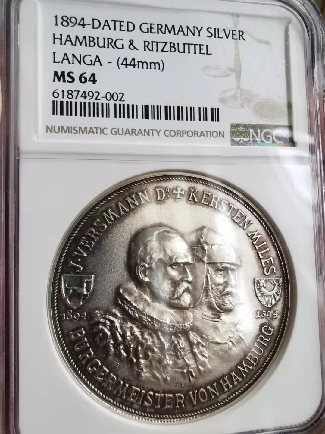 凡希社世界钱币微拍第一百七十五期 荐！1894德国汉堡港与库克斯港合并500周年纪念银章NGC-MS64工艺精美！