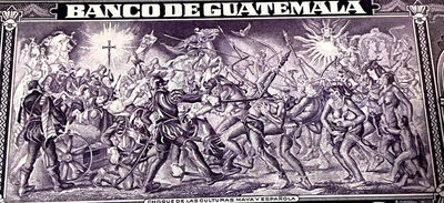 【Blue Auction】世界纸币精拍第135期——博尔基亚苏丹（共60拍） - 【该图案首版 唯一亚军分 仅一张更高分】危地马拉早期珍品 p25 1948首发年份 5格查尔  PMG65EPQ   美钞公司出品 大场景 玛雅人跟西班牙殖民者的斗争