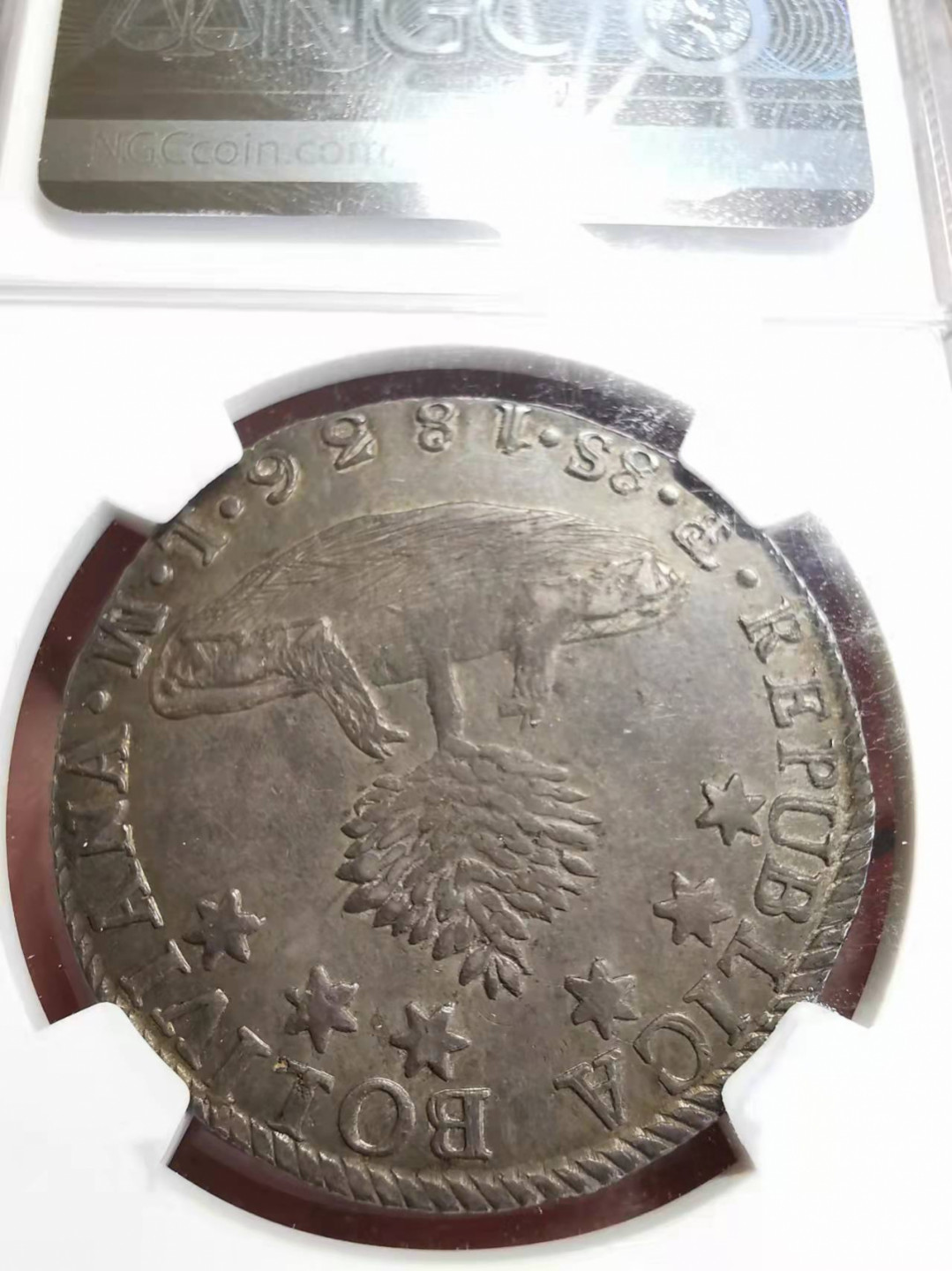 凡希社世界钱币微拍第一百七十五期 1836玻利维亚8S大银NGC-XF40黑彩！