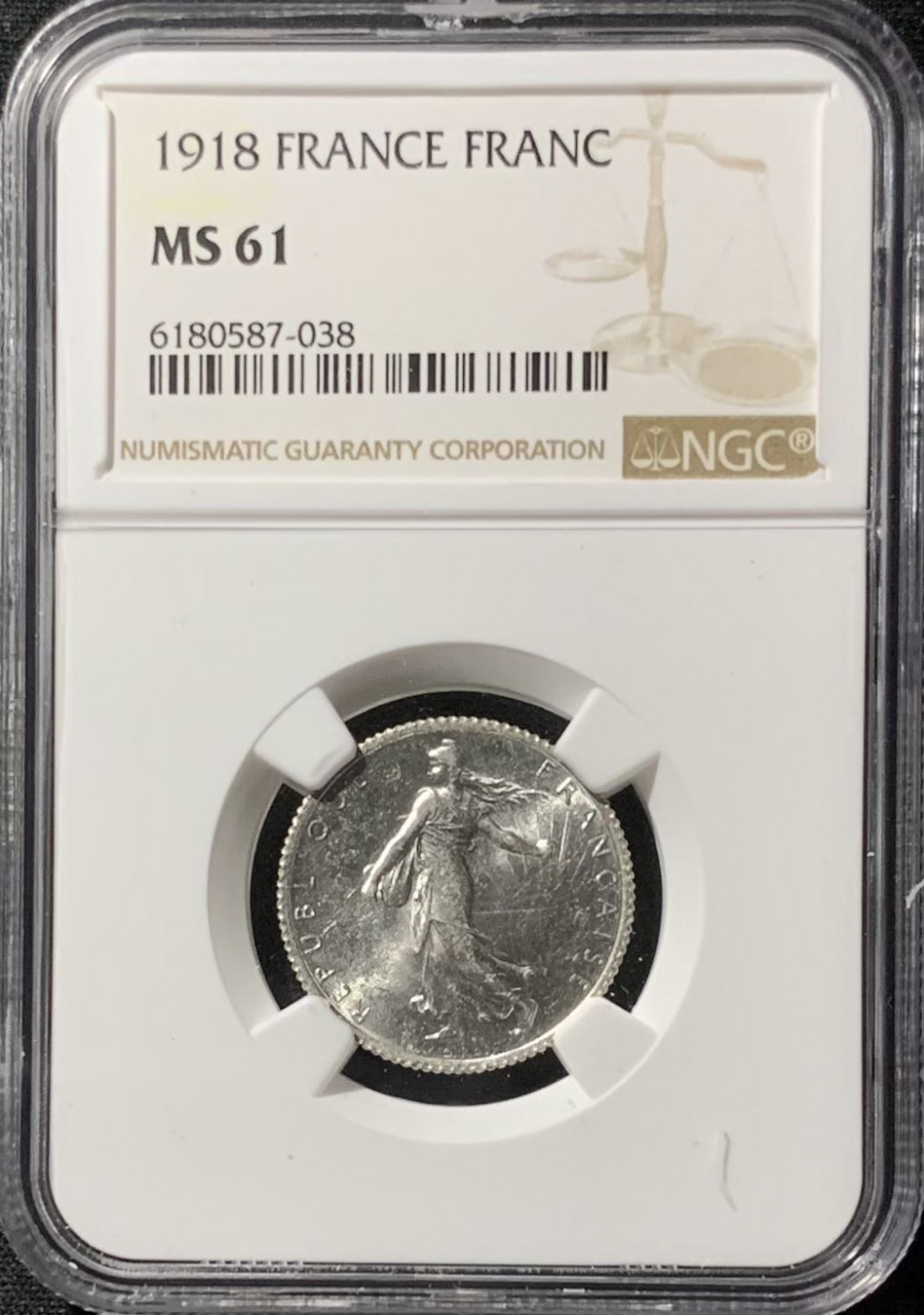 紫瑗钱币——第210期拍卖 法国 1918年 播种女神 1法郎 银币 NGC MS61