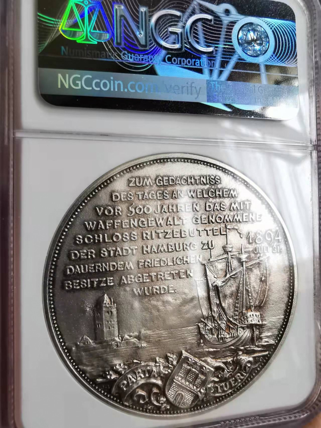 凡希社世界钱币微拍第一百七十五期 荐！1894德国汉堡港与库克斯港合并500周年纪念银章NGC-MS64工艺精美！