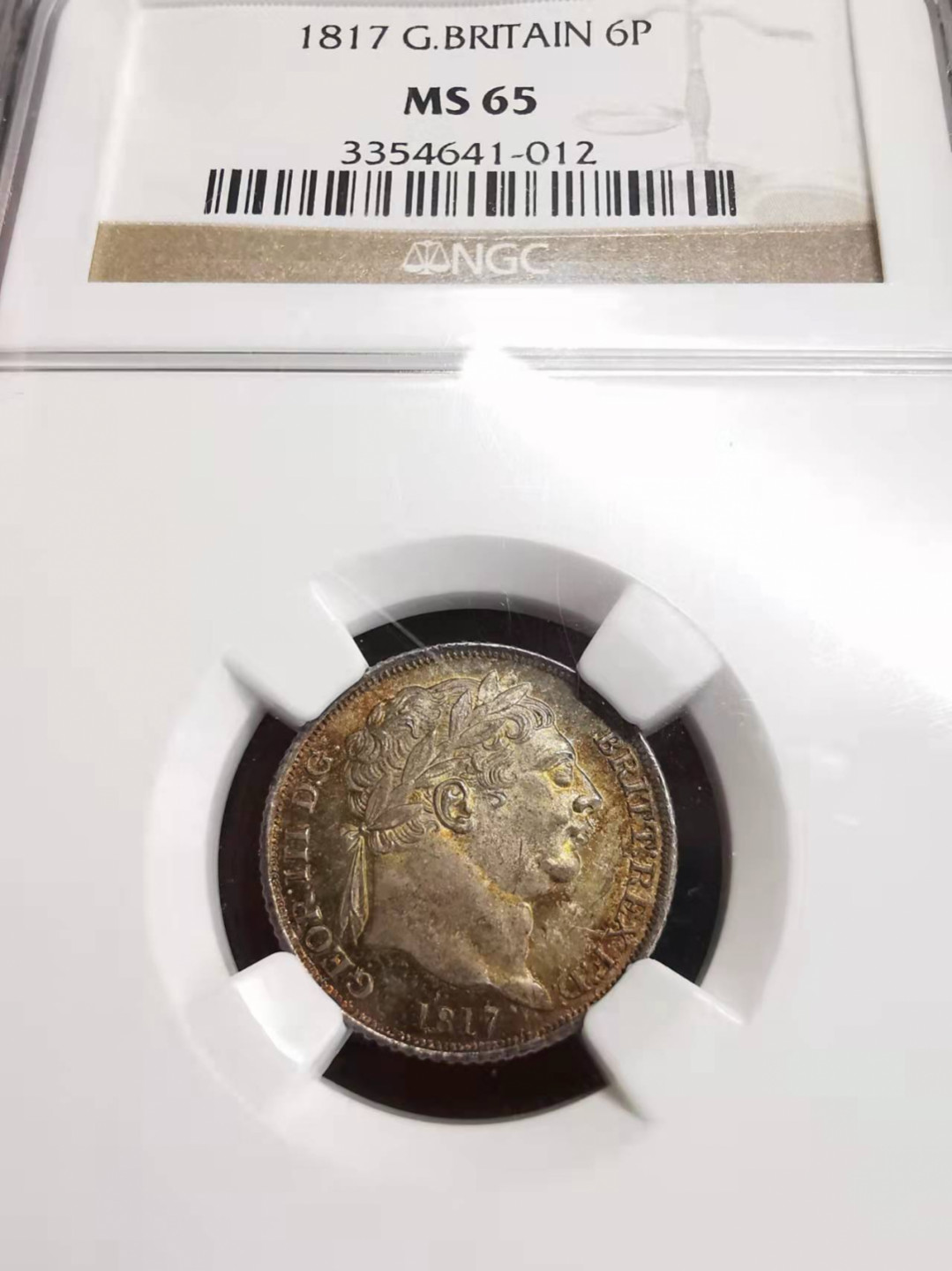 凡希社世界钱币微拍第一百七十五期 1817英国牛头乔三6便士NGC-MS65五彩！