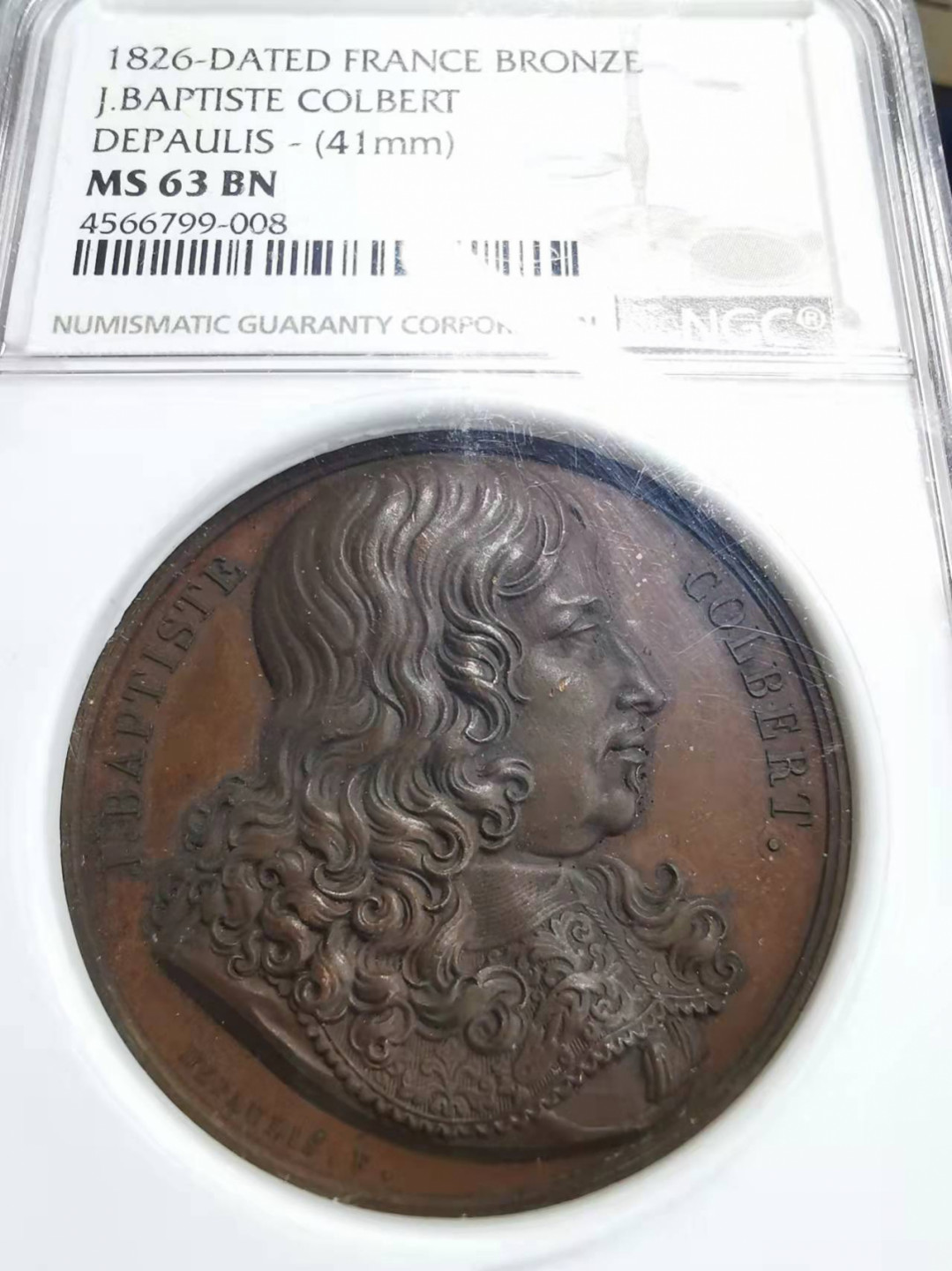 凡希社世界钱币微拍第一百七十五期 荐！1826法国柯尔培尔纪念铜章NGC-MS63高浮雕！
