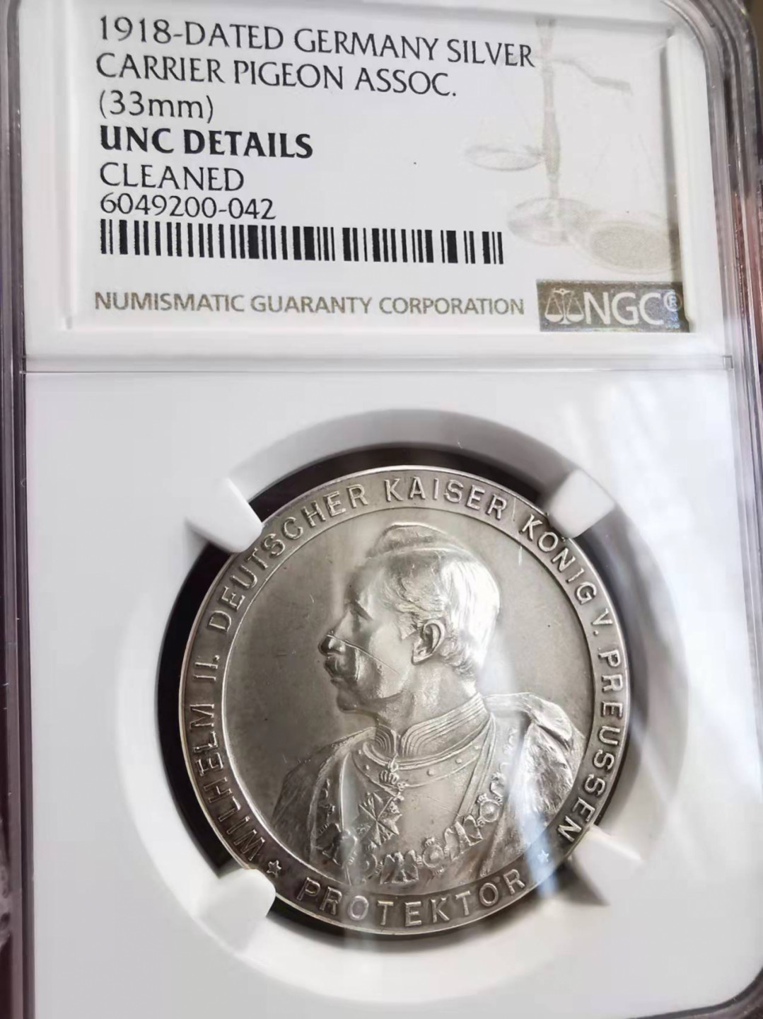 凡希社世界钱币微拍第一百七十五期 1918德国信鸽协会纪念银章NGC-UNCD