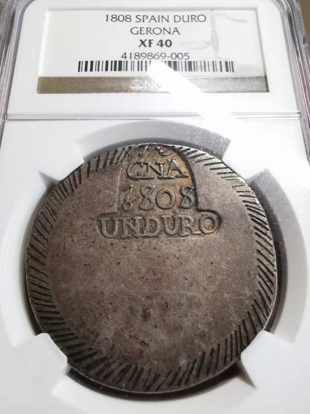 凡希社世界钱币微拍第一百七十五期 荐！1808西班牙赫罗纳保皇派DURO大银NGC-XF40味道一流！