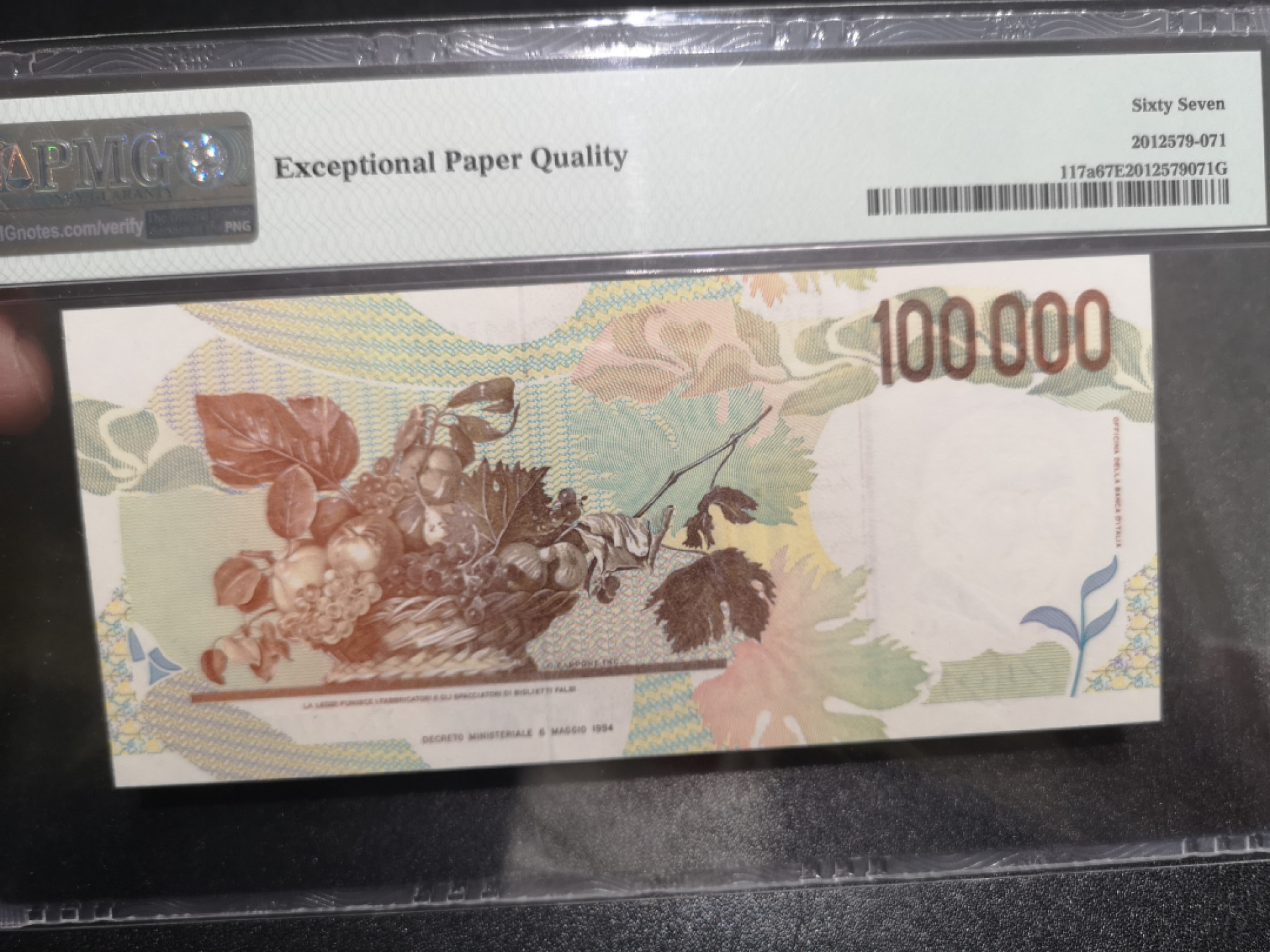 《外钞收藏家》第一百四十一期拍卖（本期81件） 1994年意大利10万里拉 PMG67