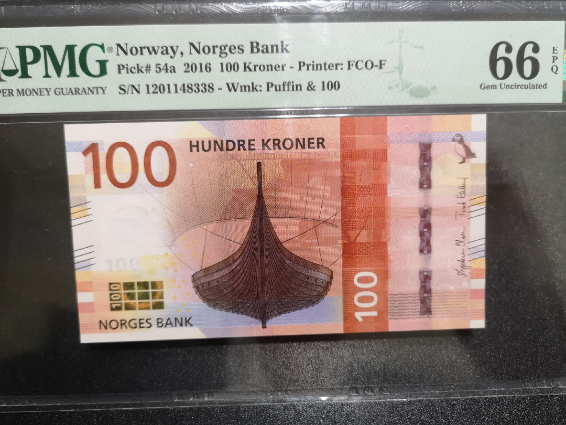 《外钞收藏家》第一百四十一期拍卖（本期81件） 2016年挪威100克朗 PMG66 尾8