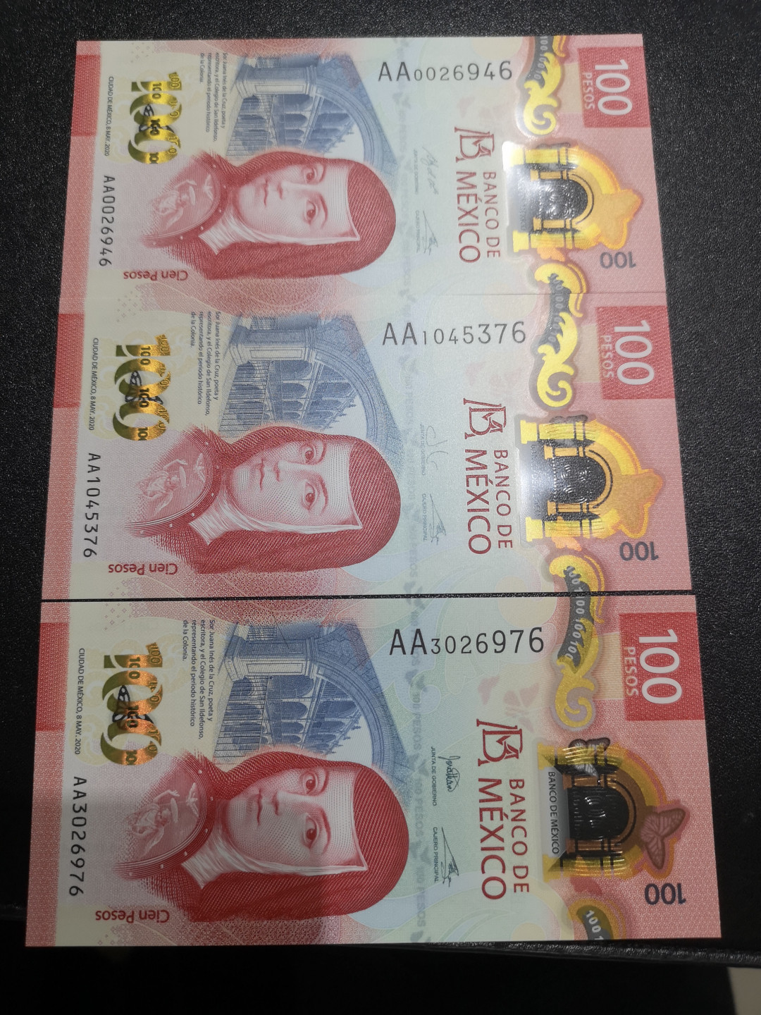 《外钞收藏家》第一百四十一期拍卖（本期81件） 2020年墨西哥100 AA冠 三张一起 全新UNC
