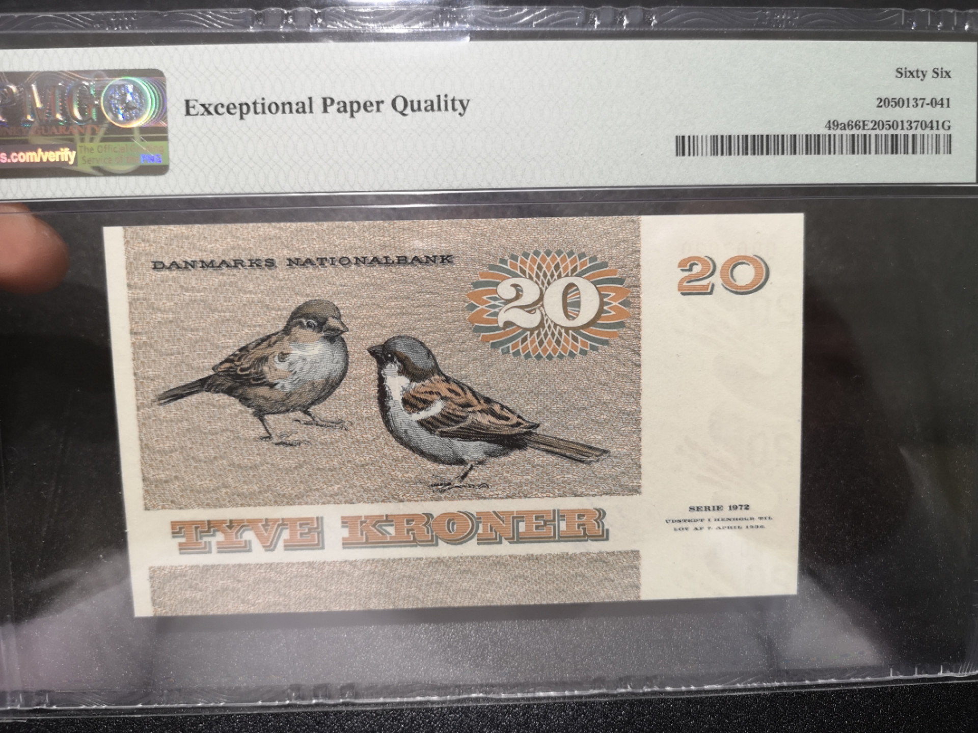 《外钞收藏家》第一百四十一期拍卖（本期81件） 1979年丹麦20克朗 PMG66 A0初版 