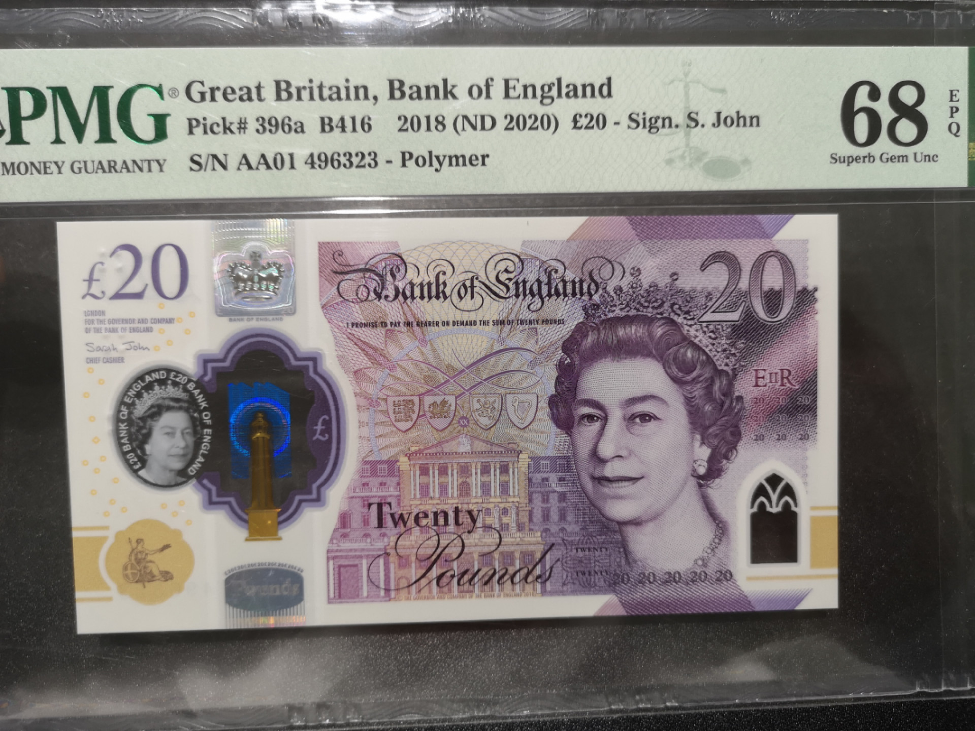 《外钞收藏家》第一百四十一期拍卖（本期81件） 2018年英国20镑 AA01首发冠 PMG68