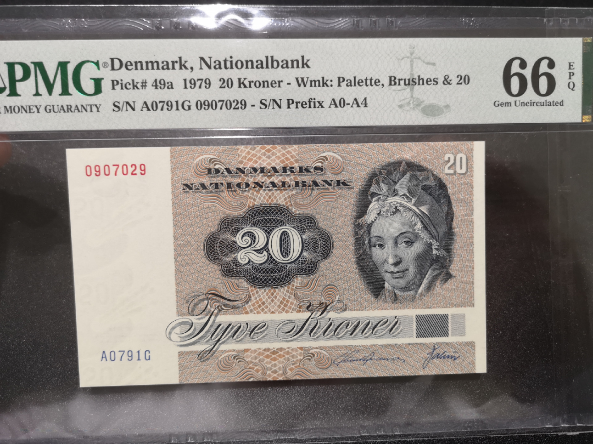 《外钞收藏家》第一百四十一期拍卖（本期81件） 1979年丹麦20克朗 PMG66 A0初版 