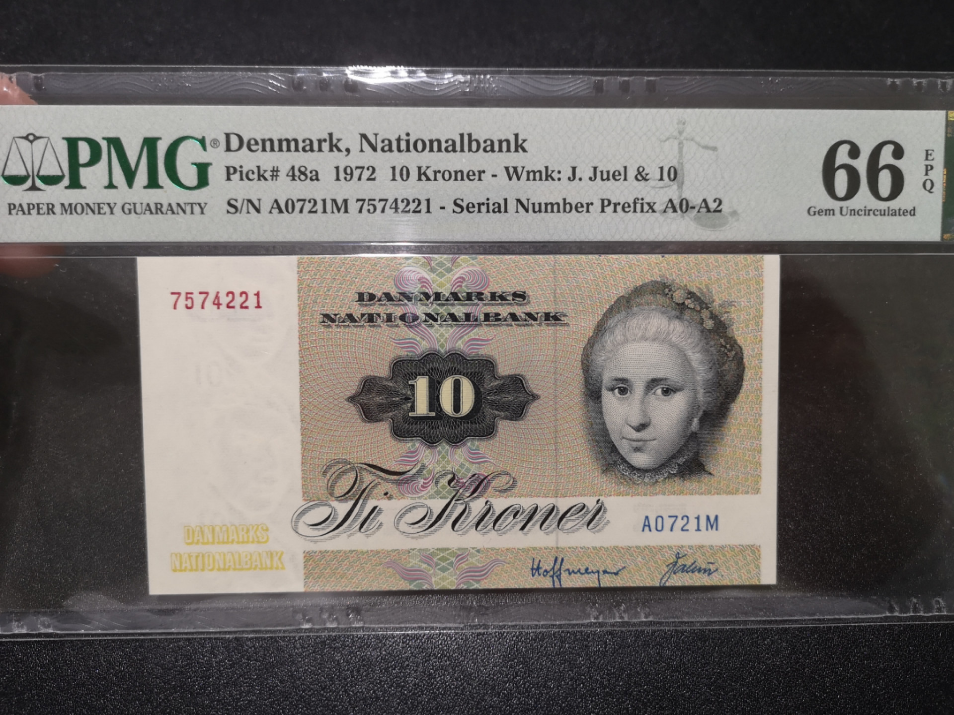 《外钞收藏家》第一百四十一期拍卖（本期81件） 1972年丹麦10克朗 PMG66 A0初版 