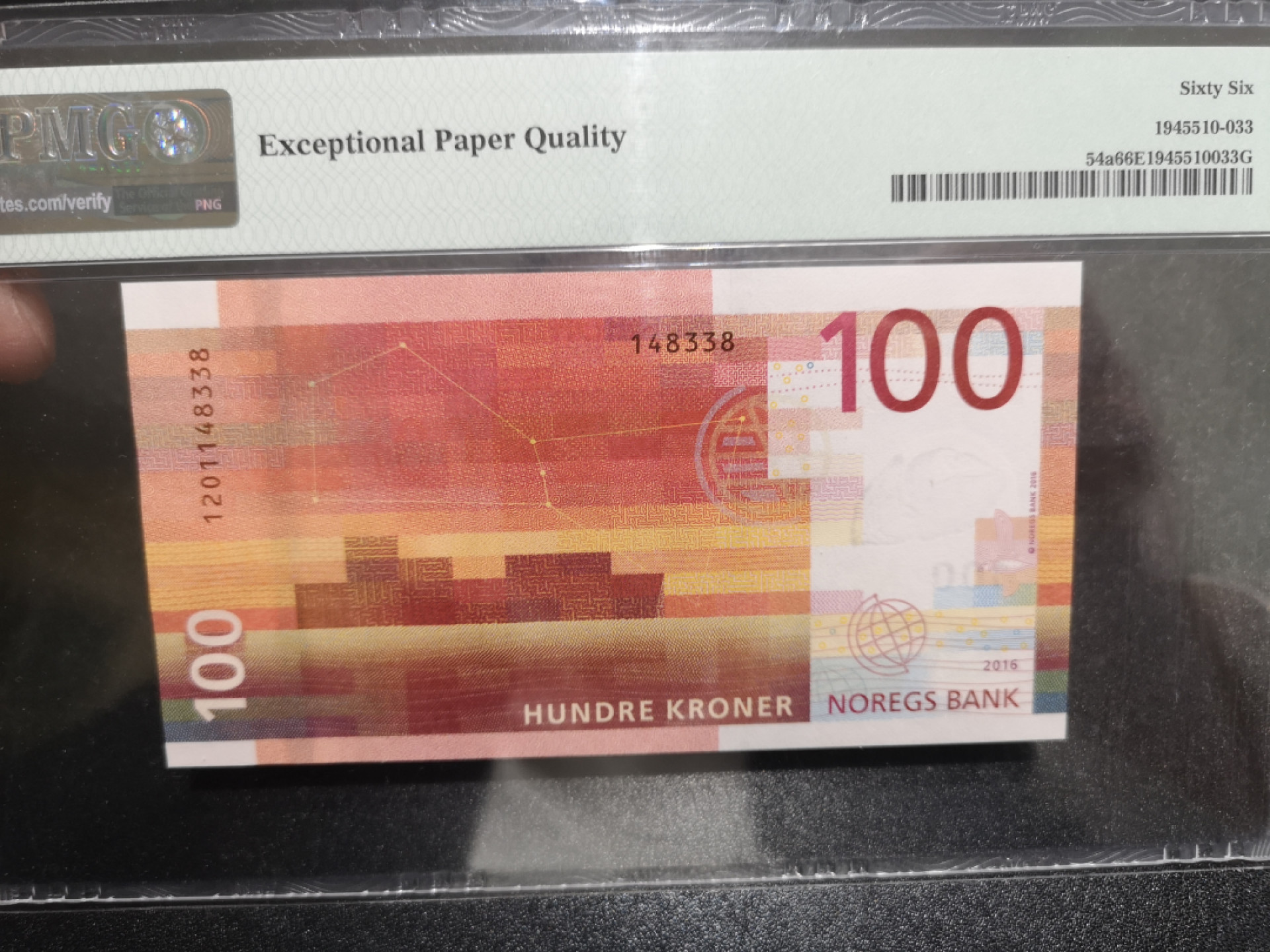 《外钞收藏家》第一百四十一期拍卖（本期81件） 2016年挪威100克朗 PMG66 尾8