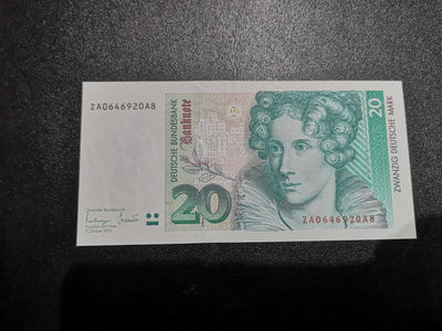 《外钞收藏家》第一百四十一期拍卖（本期81件） - 1993年德国20马克 补号 近全新 疑似折个人认为是纸币一捆压出的印子 不测光看不出来