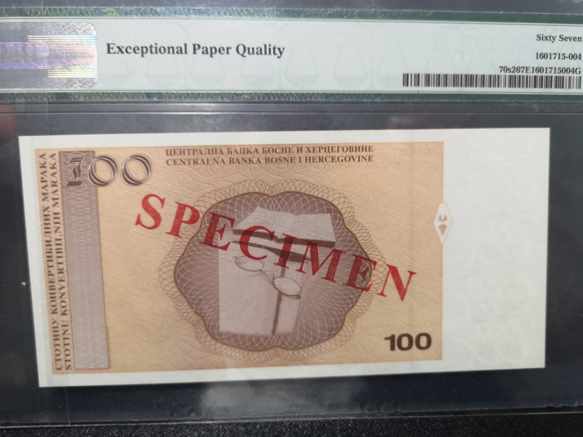 《外钞收藏家》第一百四十一期拍卖（本期81件） 1998年波黑100 样钞 PMG67