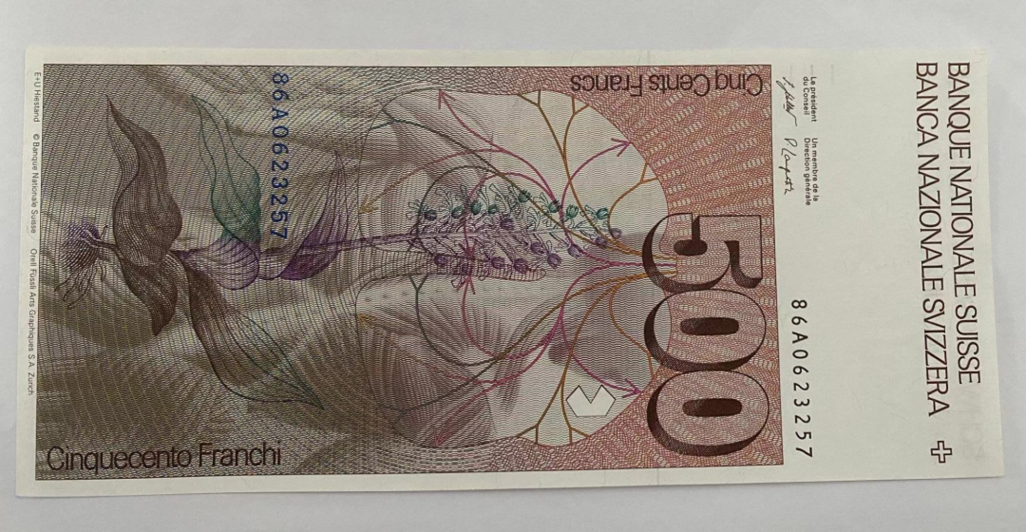 《外钞收藏家》第一百四十一期拍卖（本期81件） 1986年A冠 瑞士500 大胖子 全新UNC 稀少品种 藏家收藏