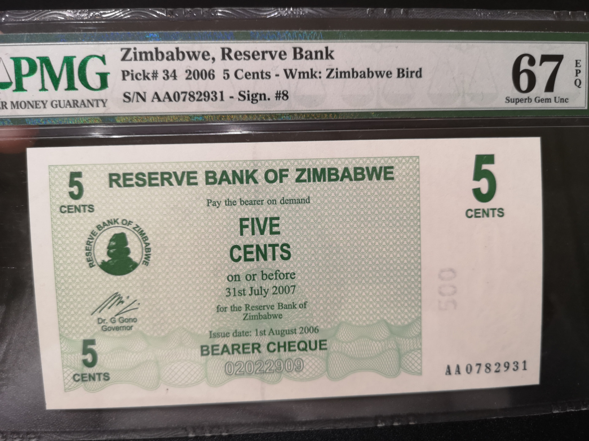《外钞收藏家》第一百四十二期拍卖（周三拍场） 2006年津巴布韦 5分 PMG67