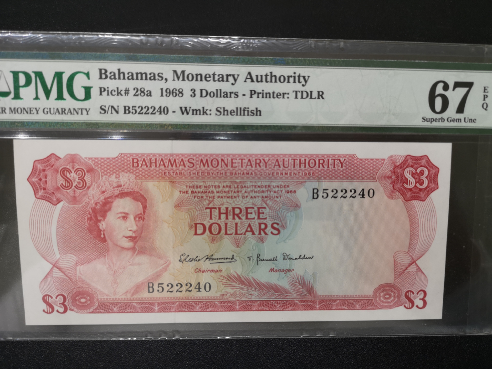 《外钞收藏家》第一百四十二期拍卖（周三拍场） 1968年巴哈马3刀 PMG67 彩背