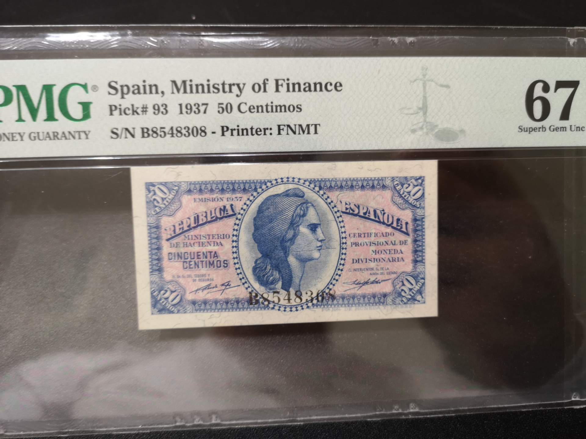 《外钞收藏家》第一百四十二期拍卖（周三拍场） 1937年西班牙50分 PMG67
