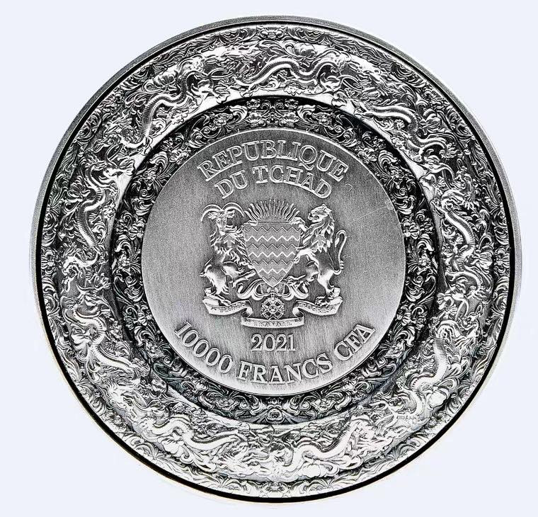 世界各国金银币专拍场 乍得2021年曼陀罗艺术中国龙2盎司高浮雕银铜币