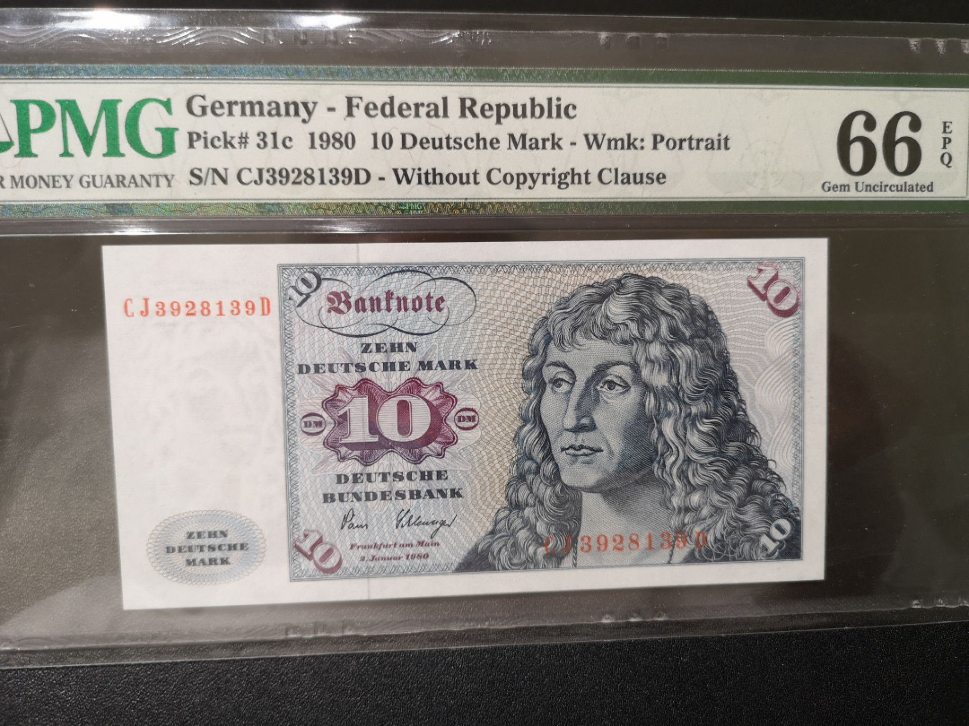 《外钞收藏家》第一百四十二期拍卖（周三拍场） 1980年德国10马克 PMG66