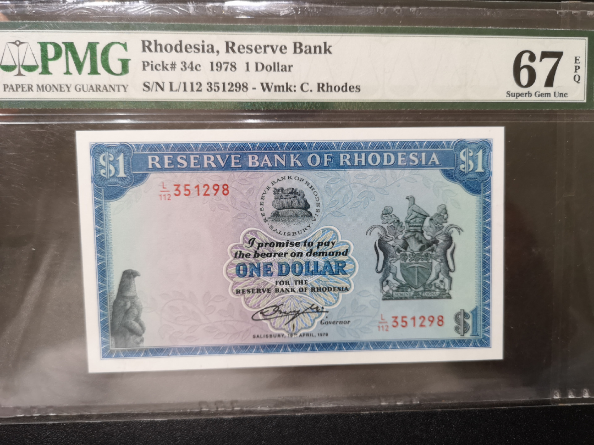 《外钞收藏家》第一百四十二期拍卖（周三拍场） 1978年罗得西亚1刀 PMG67