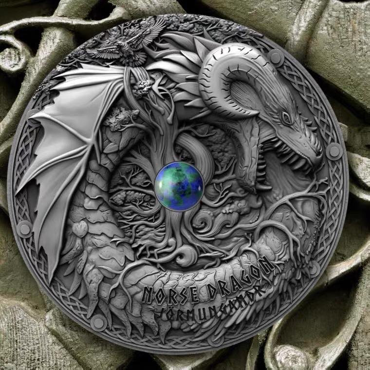 世界各国金银币专拍场 纽埃2019年世界龙系列2镶嵌2盎司高浮雕纪念银币