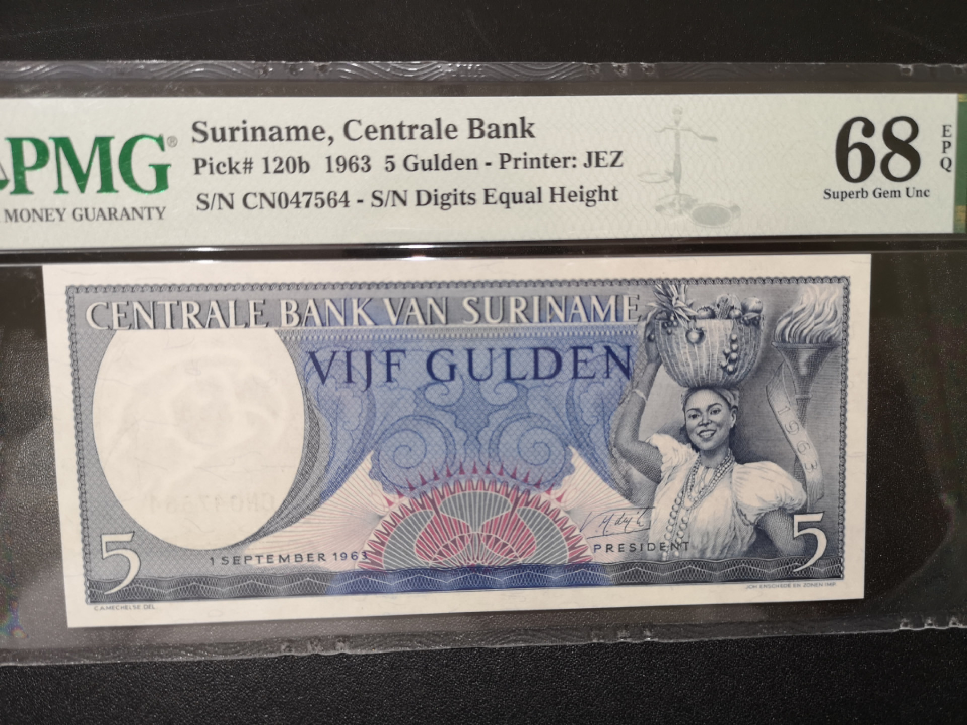 《外钞收藏家》第一百四十二期拍卖（周三拍场） 1963年苏里南5盾 PMG68 JEZ作品 精致小钞