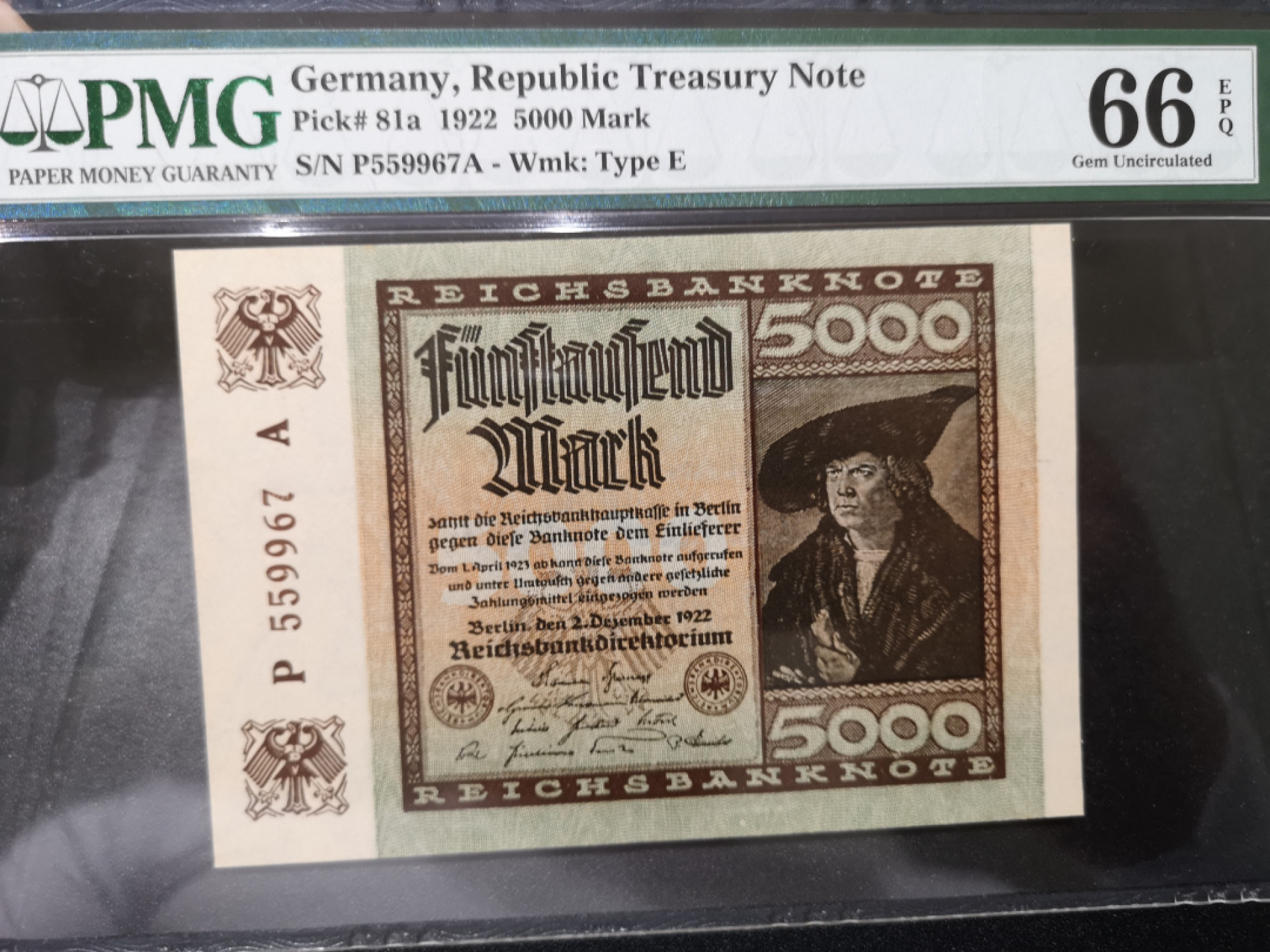 《外钞收藏家》第一百四十二期拍卖（周三拍场） 1922年德国5000 PMG66