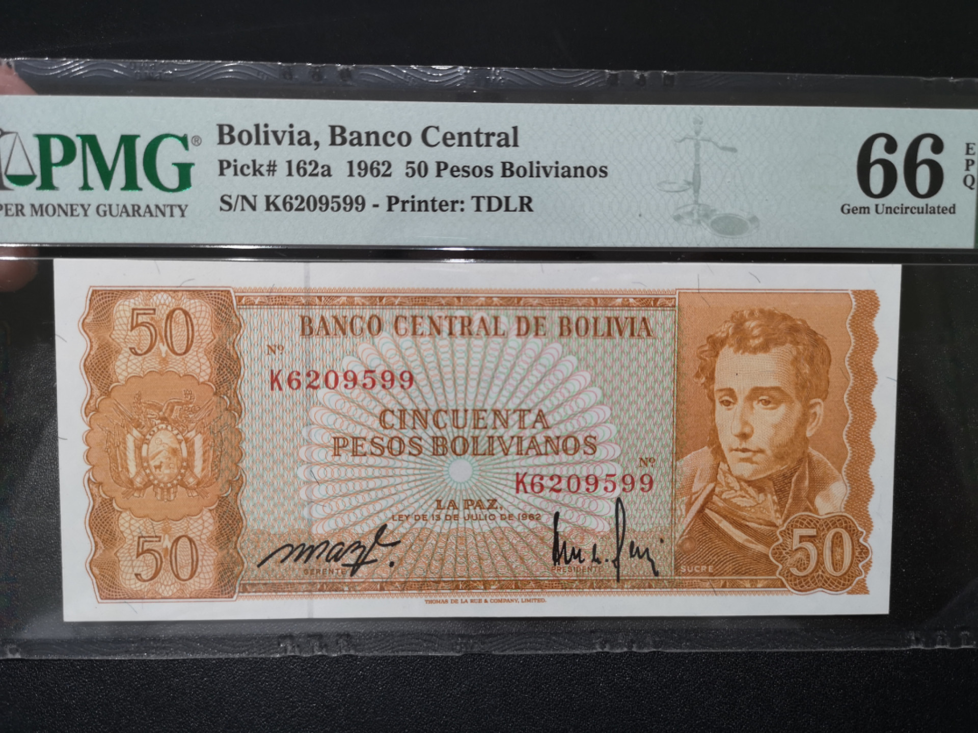 《外钞收藏家》第一百四十二期拍卖（周三拍场） 1962年玻利维亚50比索 PMG66 无47尾99