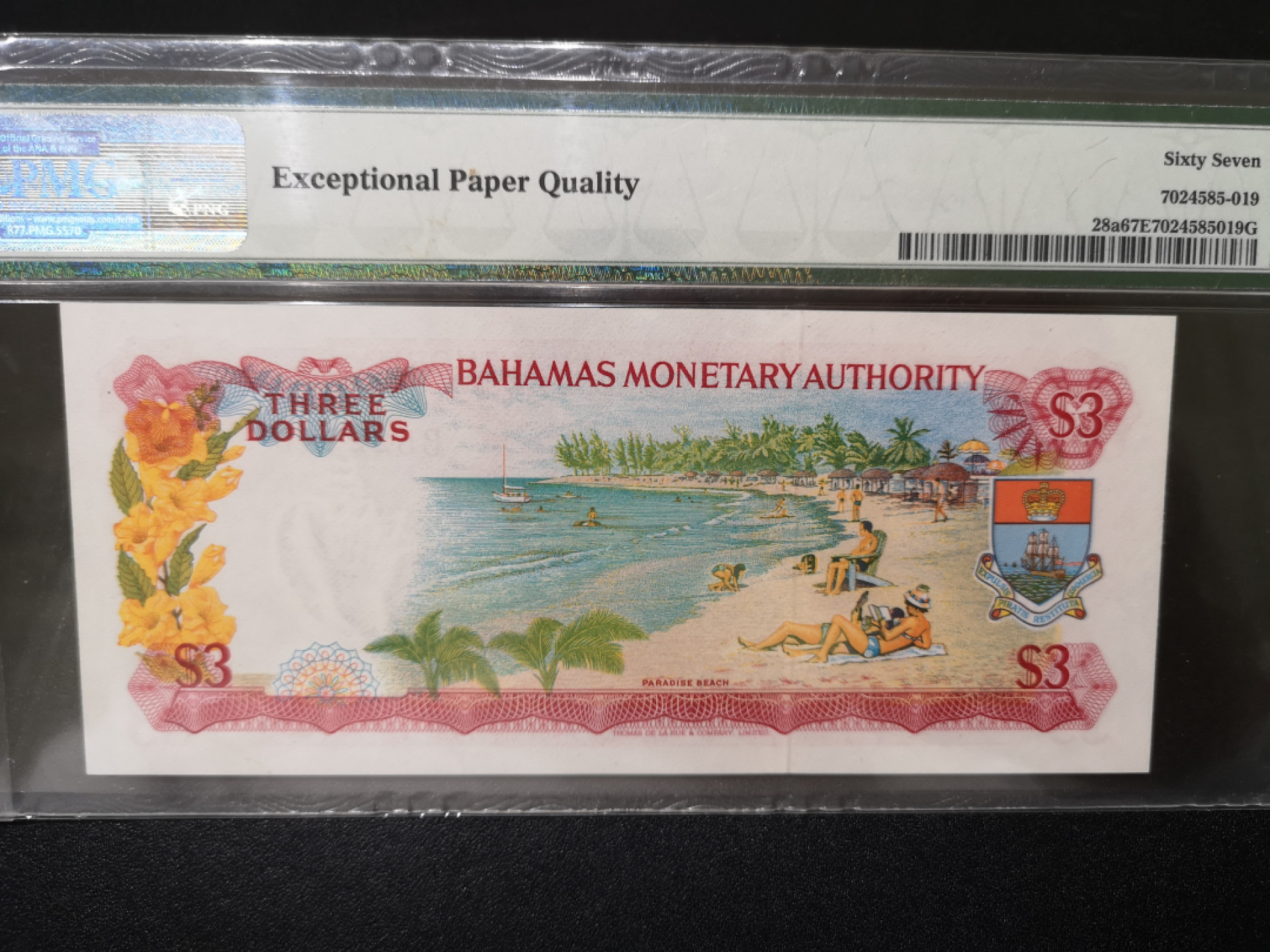 《外钞收藏家》第一百四十二期拍卖（周三拍场） 1968年巴哈马3刀 PMG67 彩背
