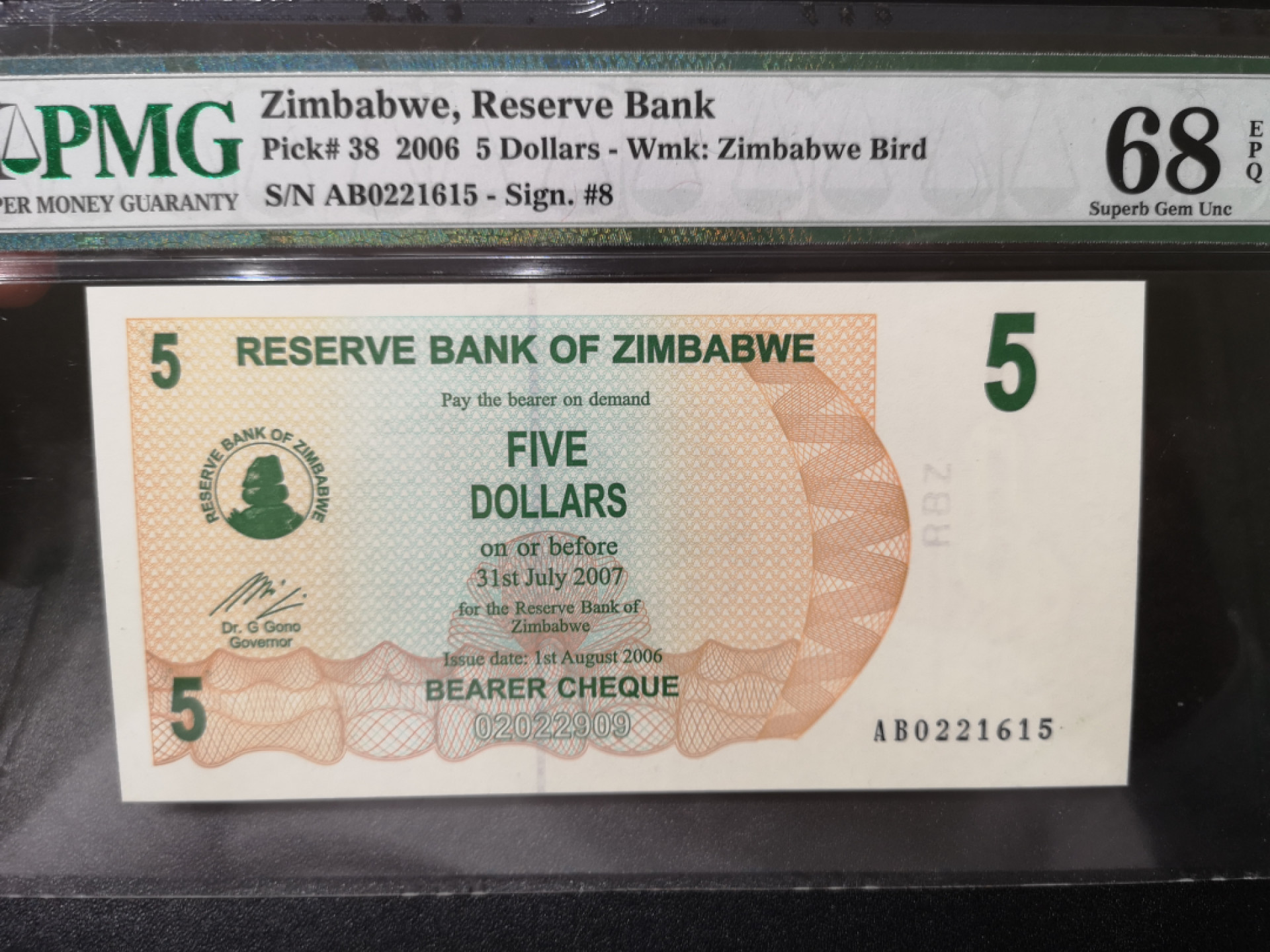 《外钞收藏家》第一百四十二期拍卖（周三拍场） 2006年津巴布韦5刀 PMG68 无47