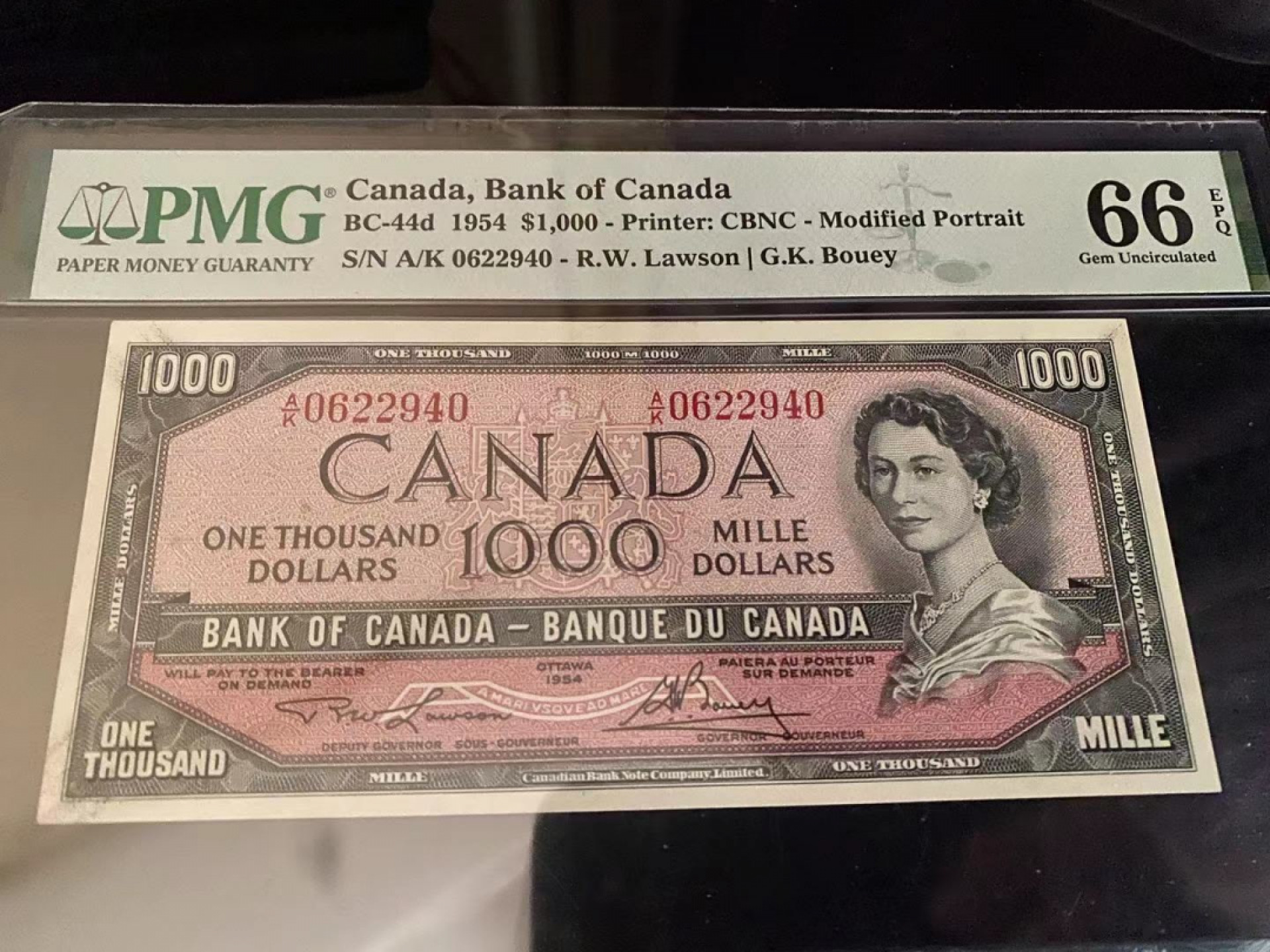 《外钞收藏家》第一百四十二期拍卖（周三拍场） 1954年加拿大1000 PMG66 海瑞德成交价在18000人民币左右
