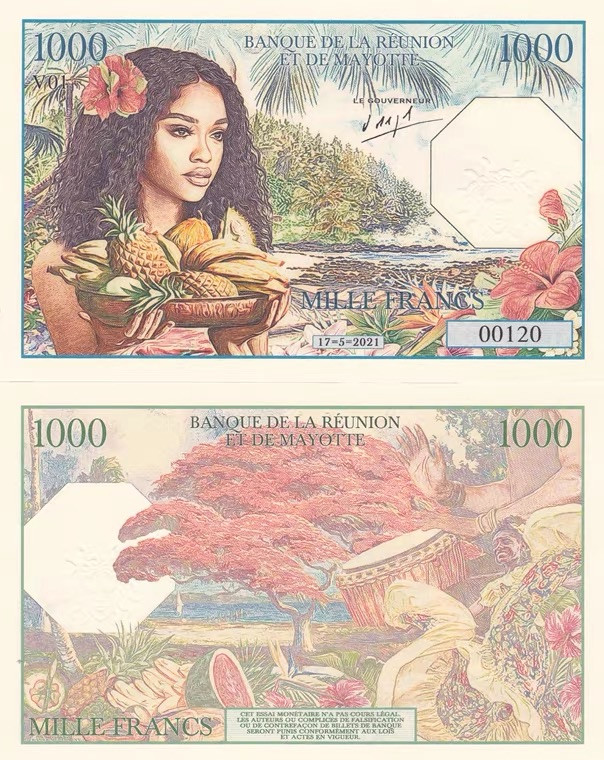 塑料钞，纪念钞，测试钞综合拍卖场 全新2021年 留尼旺岛 1000 法郎 商业钞