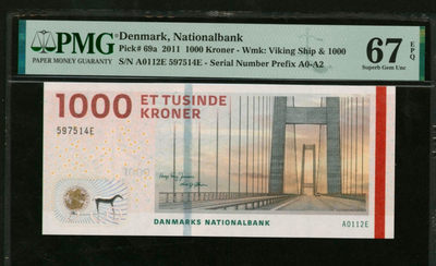 【Blue Auction】世界纸币精拍第136期——丰饶的国度（共72拍） - 【A0版少见】丹麦 2011年1000克朗 PMG67EPQ 大桥与文物 最高值