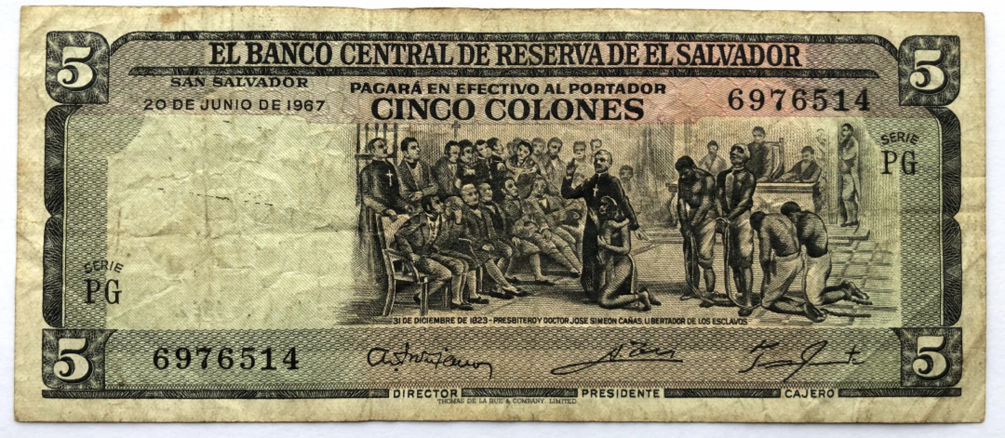 罕见 萨尔瓦多1967年版“坎纳斯神父诞辰200周年”5科郎纪念钞 旧品如图