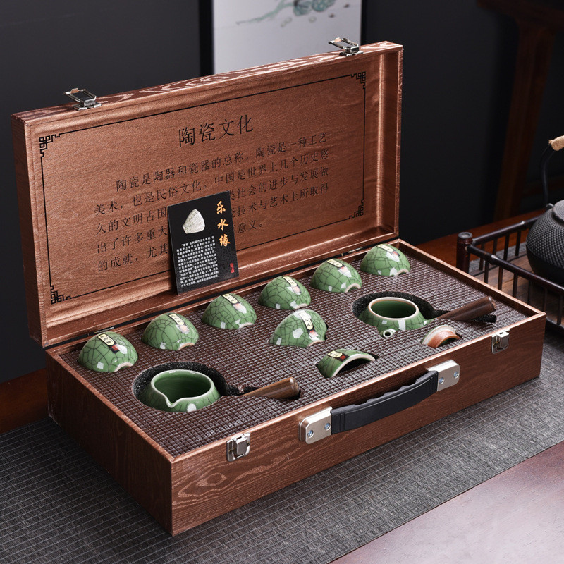 陶瓷哥窑开片金丝铁线侧把壶整套功夫茶具套装商务礼品木礼盒