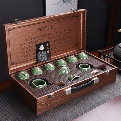 陶瓷哥窑开片金丝铁线侧把壶整套功夫茶具套装商务礼品木礼盒 - 陶瓷哥窑开片金丝铁线侧把壶整套功夫茶具套装商务礼品木礼盒