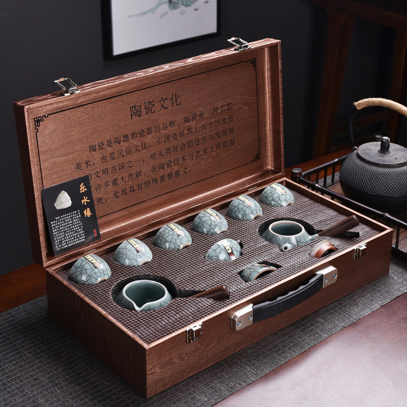 陶瓷哥窑开片金丝铁线侧把壶整套功夫茶具套装商务礼品木礼盒
