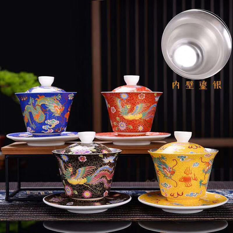 珐琅彩999鎏银茶具三才盖碗茶具礼品