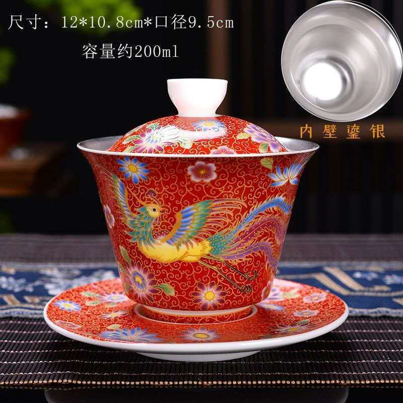 珐琅彩999鎏银茶具三才盖碗茶具礼品