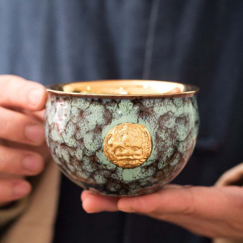 陶瓷主人杯鎏金窑变复古风大号个人茶盏茶碗男中式高档送礼品茗杯
