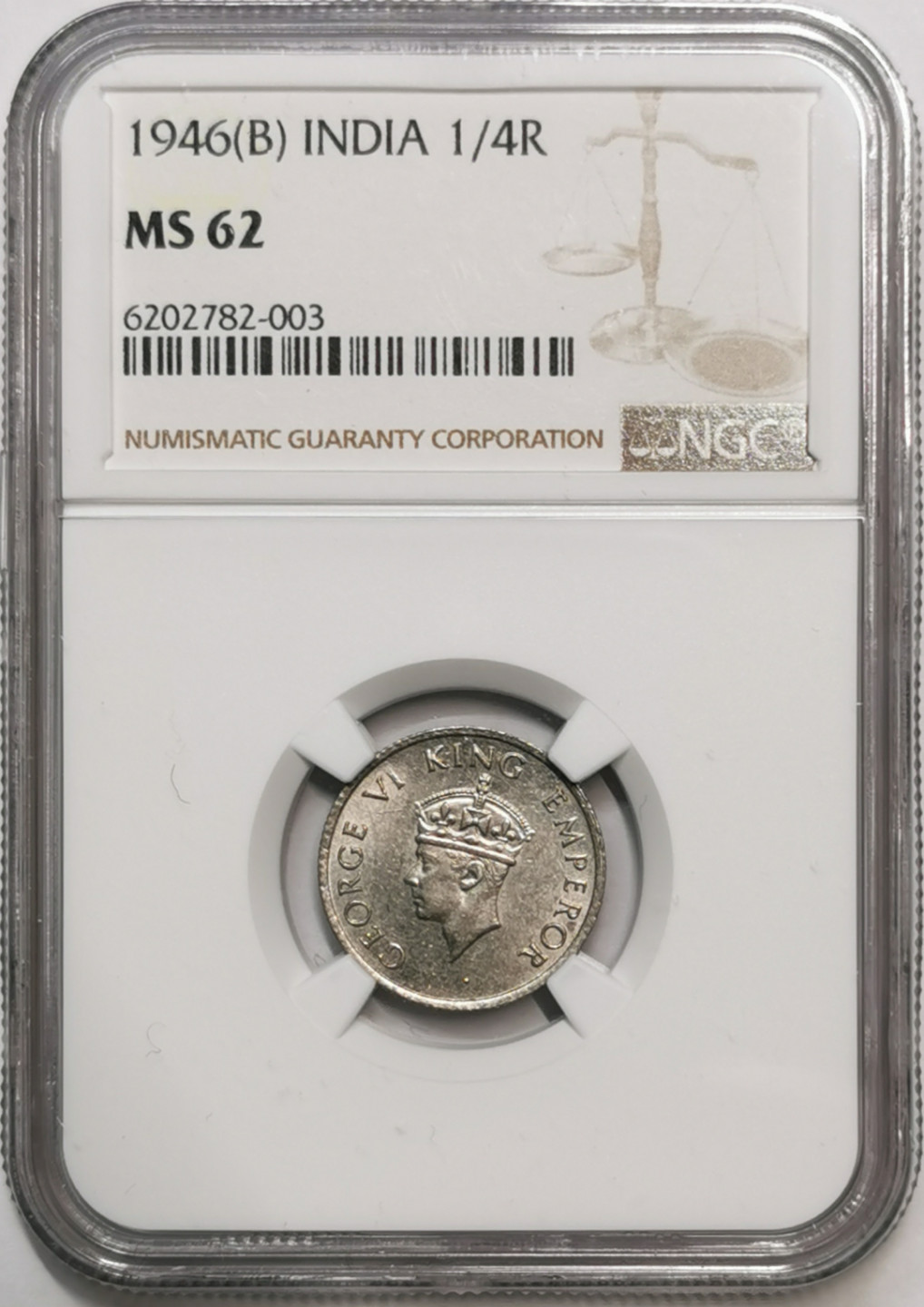 凡希社世界钱币微拍第一百七十六期 1946英属印度乔六1/4卢比NGC-MS62