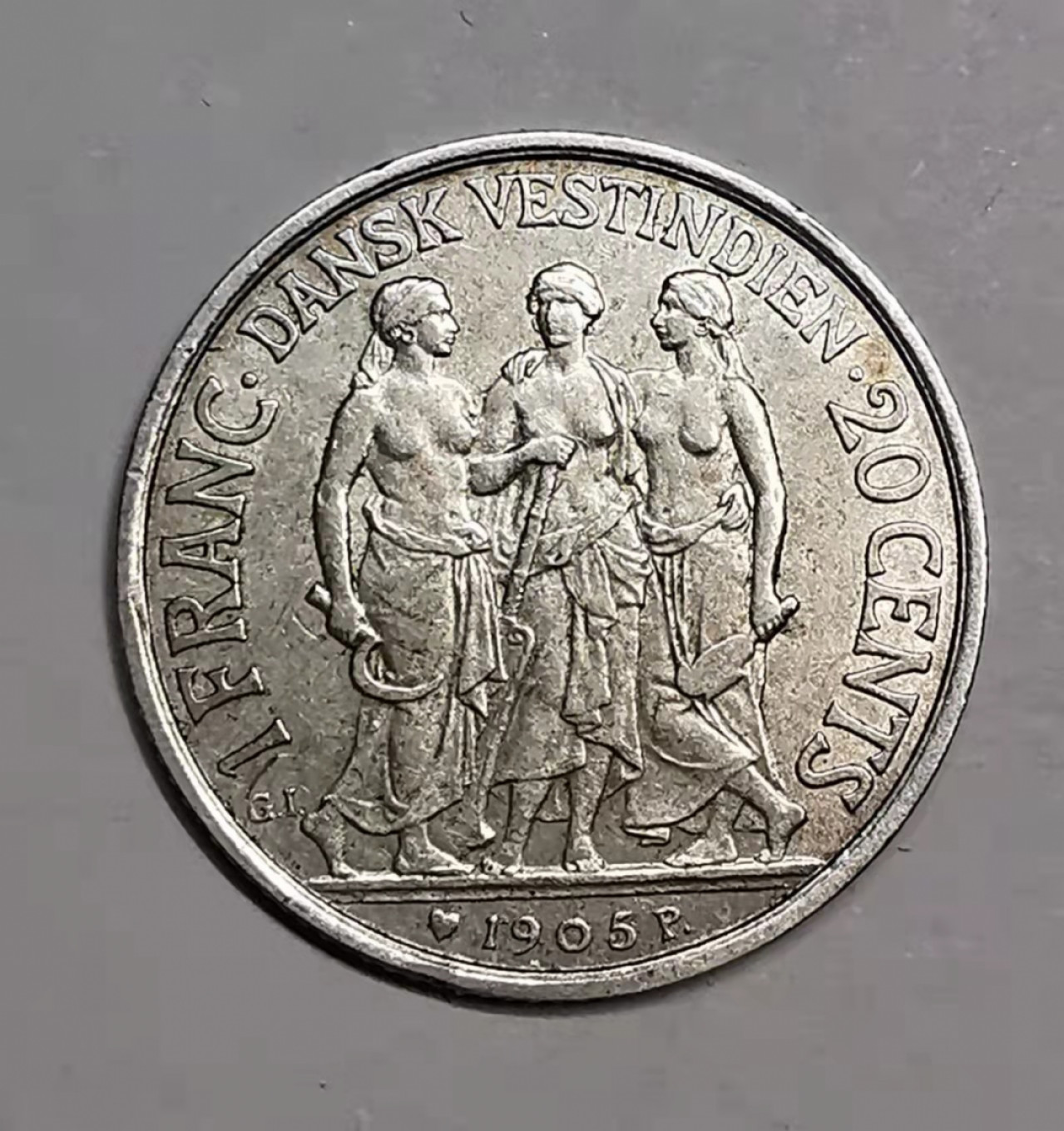 凡希社世界钱币微拍第一百七十六期 1905丹属西印度三裸女20分AU带光品！