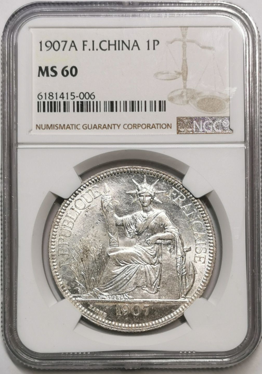 凡希社世界钱币微拍第一百七十六期 1907A法属印度支那皮亚斯特大银NGC-MS60原色银光！
