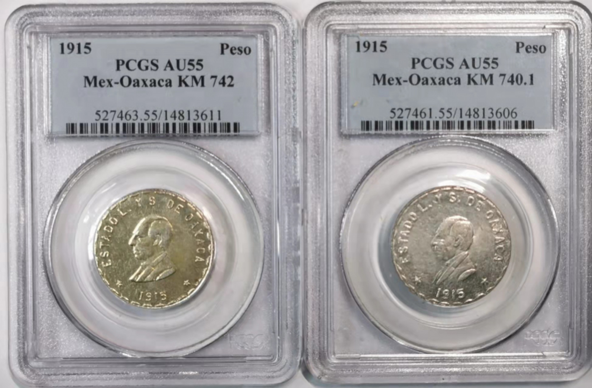 凡希社世界钱币微拍第一百七十六期 1915墨西哥内战Oaxaca比索一对两个版PCGS-AU55