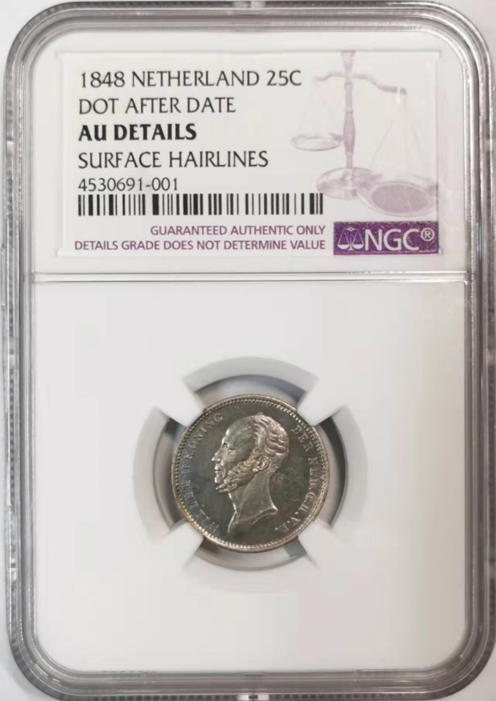 凡希社世界钱币微拍第一百七十六期 1848荷兰长脖子威廉25分银NGC-AUD