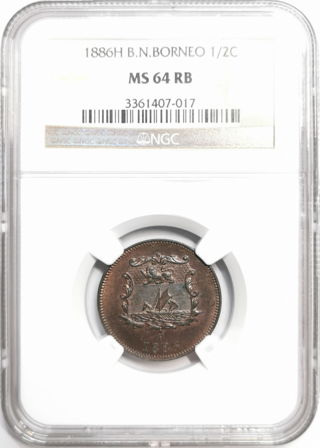 凡希社世界钱币微拍第一百七十六期 1886H英属北婆罗洲洋元半分NGC-MS64RB巧克力包浆！