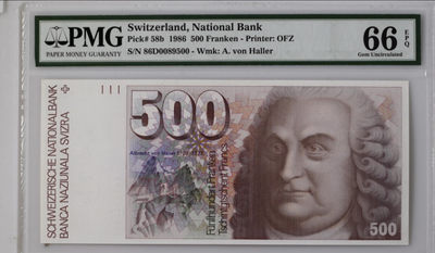 【Blue Auction】世界纸币精拍第137期—— 阿尔布雷希特•冯•哈勒（共83拍） - 瑞士 1986年500法郎 PMG66EPQ p58b“近代生理学之父” 阿尔布雷希特•冯•哈勒
