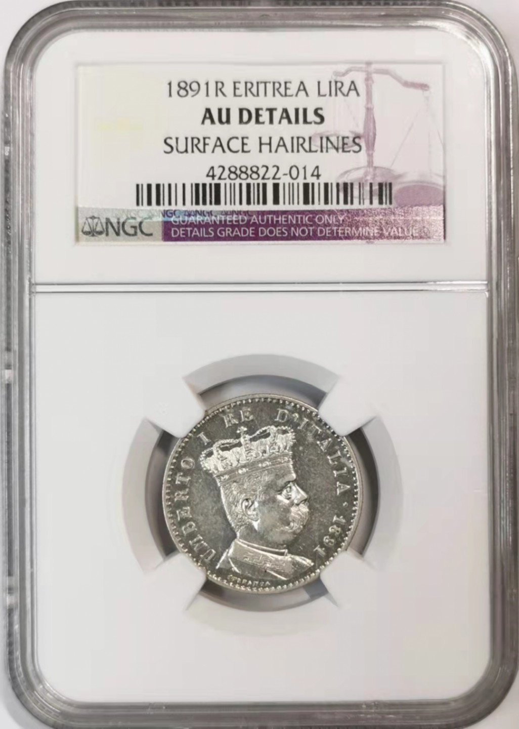 凡希社世界钱币微拍第一百七十六期 1891意属厄立特里亚里拉NGC-AUD细节上佳